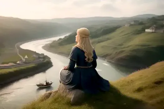 A beautiful medieval woman sitting on the top of a high hill beside a big wild river.